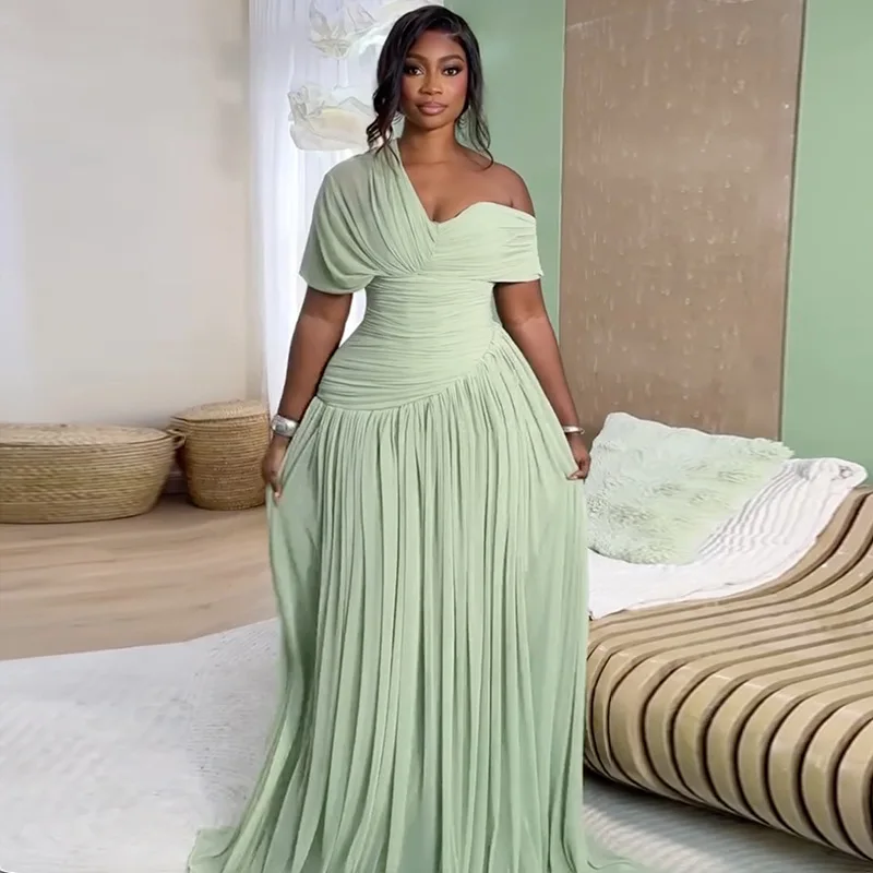 Robe Maxi Femme Col Asymétrique Taille Haute | Élégante & Décontractée Manches Courtes Plissée