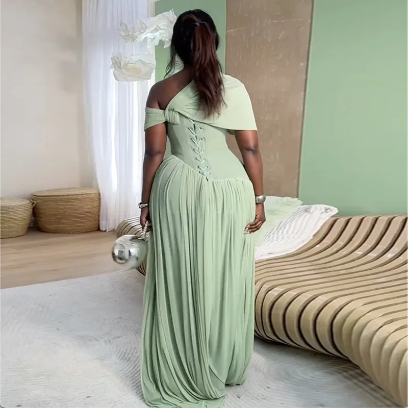 Robe Maxi Femme Col Asymétrique Taille Haute | Élégante & Décontractée Manches Courtes Plissée