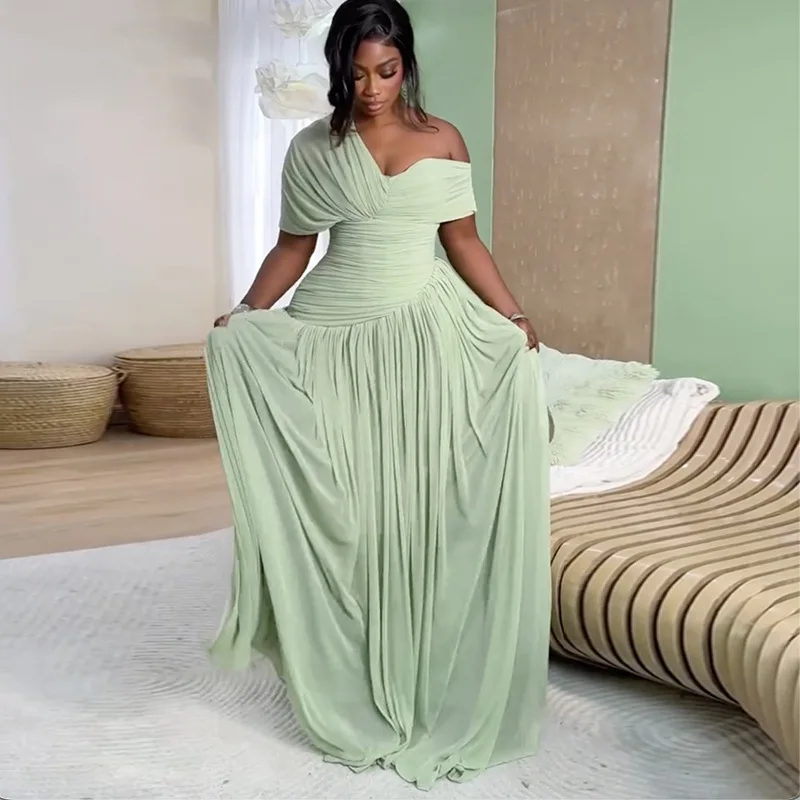 Robe Maxi Femme Col Asymétrique Taille Haute | Élégante & Décontractée Manches Courtes Plissée