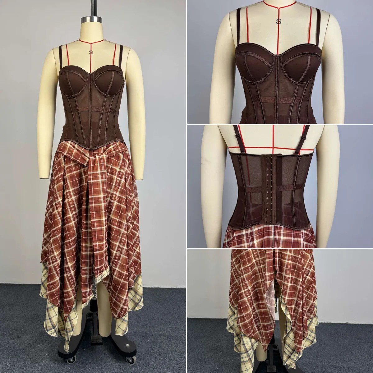Ensemble 2 pièces femme HK75207 – Corset sans manches & jupe irrégulière à carreaux streetwear