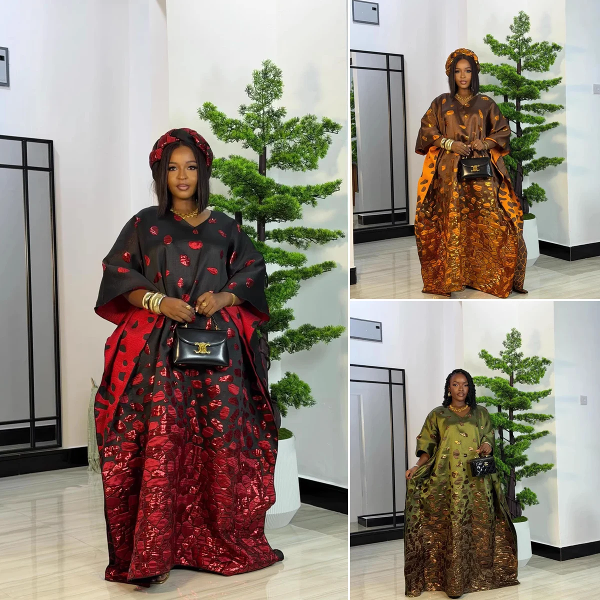 Robe Africaine Grande Taille Dashiki + Foulard | Imprimé Jacquard Boubou Kimono Femme S11088
