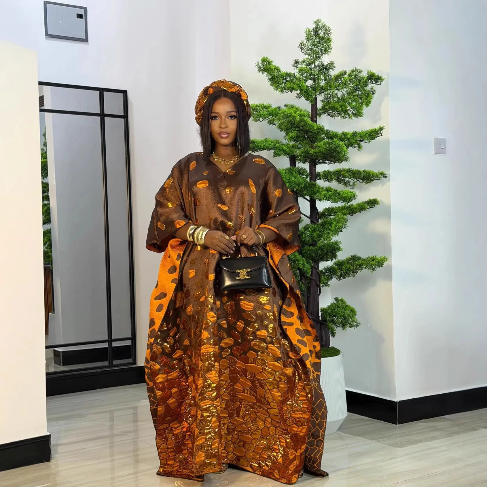 Robe Africaine Grande Taille Dashiki + Foulard | Imprimé Jacquard Boubou Kimono Femme S11088
