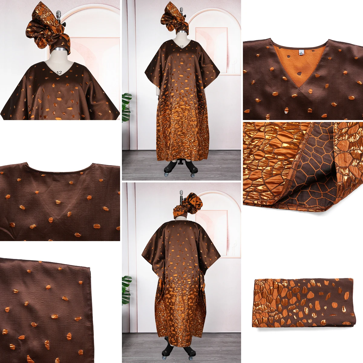 Robe Africaine Grande Taille Dashiki + Foulard | Imprimé Jacquard Boubou Kimono Femme S11088