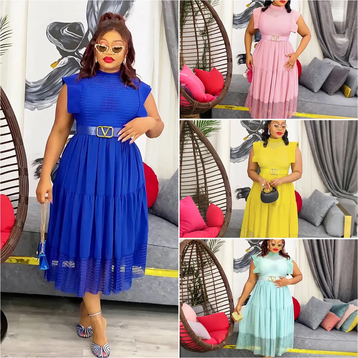 Robe Midi Grande Taille S10192 – Dentelle Élégante Sans Manches Style Africain Femme