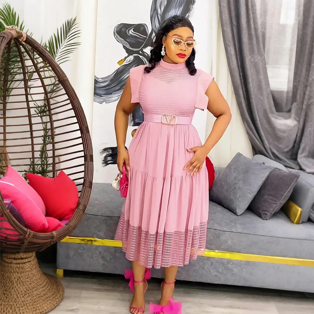 Robe Midi Grande Taille S10192 – Dentelle Élégante Sans Manches Style Africain Femme