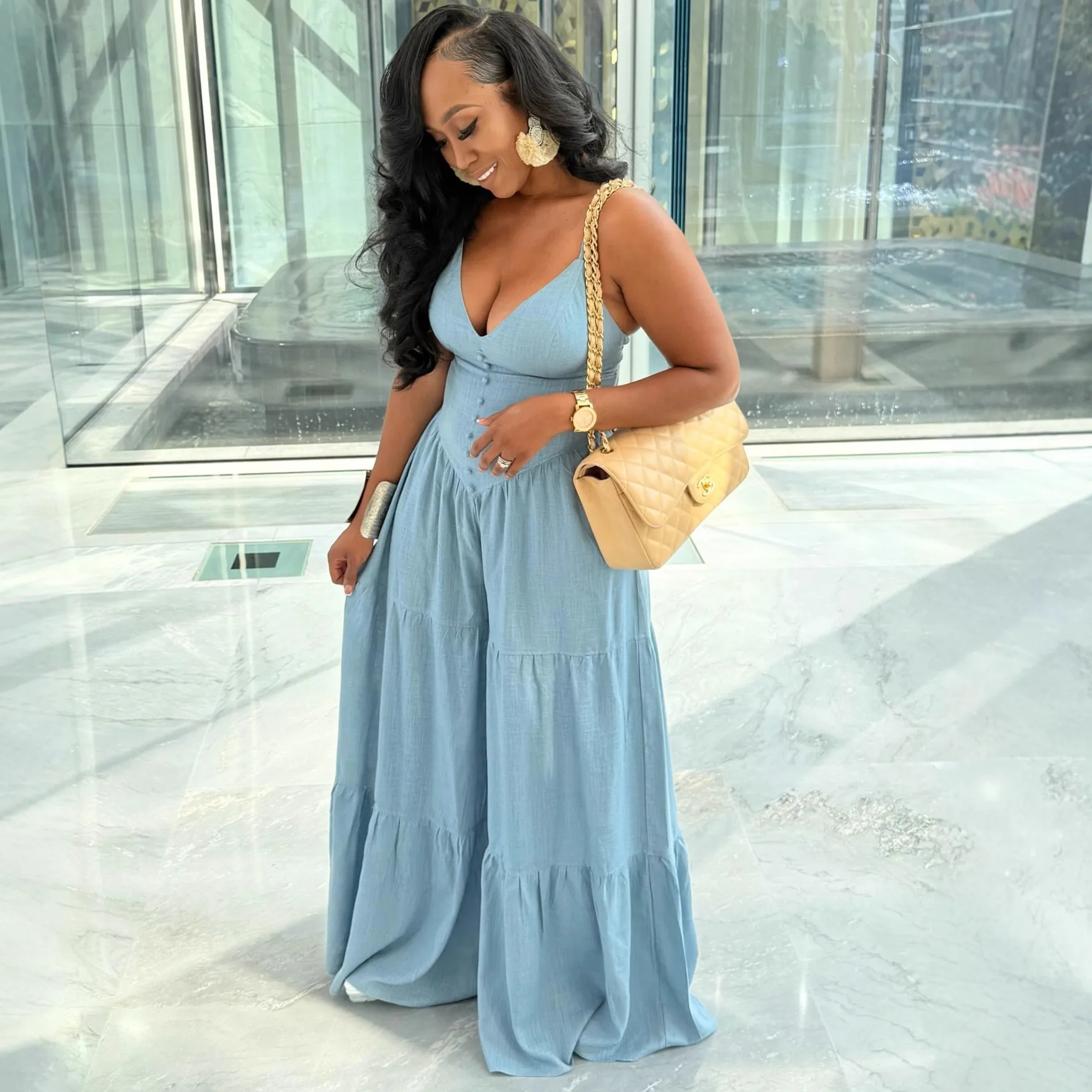 Combinaison femme taille haute jambes larges décolleté V bretelles spaghetti – Style africain tendance