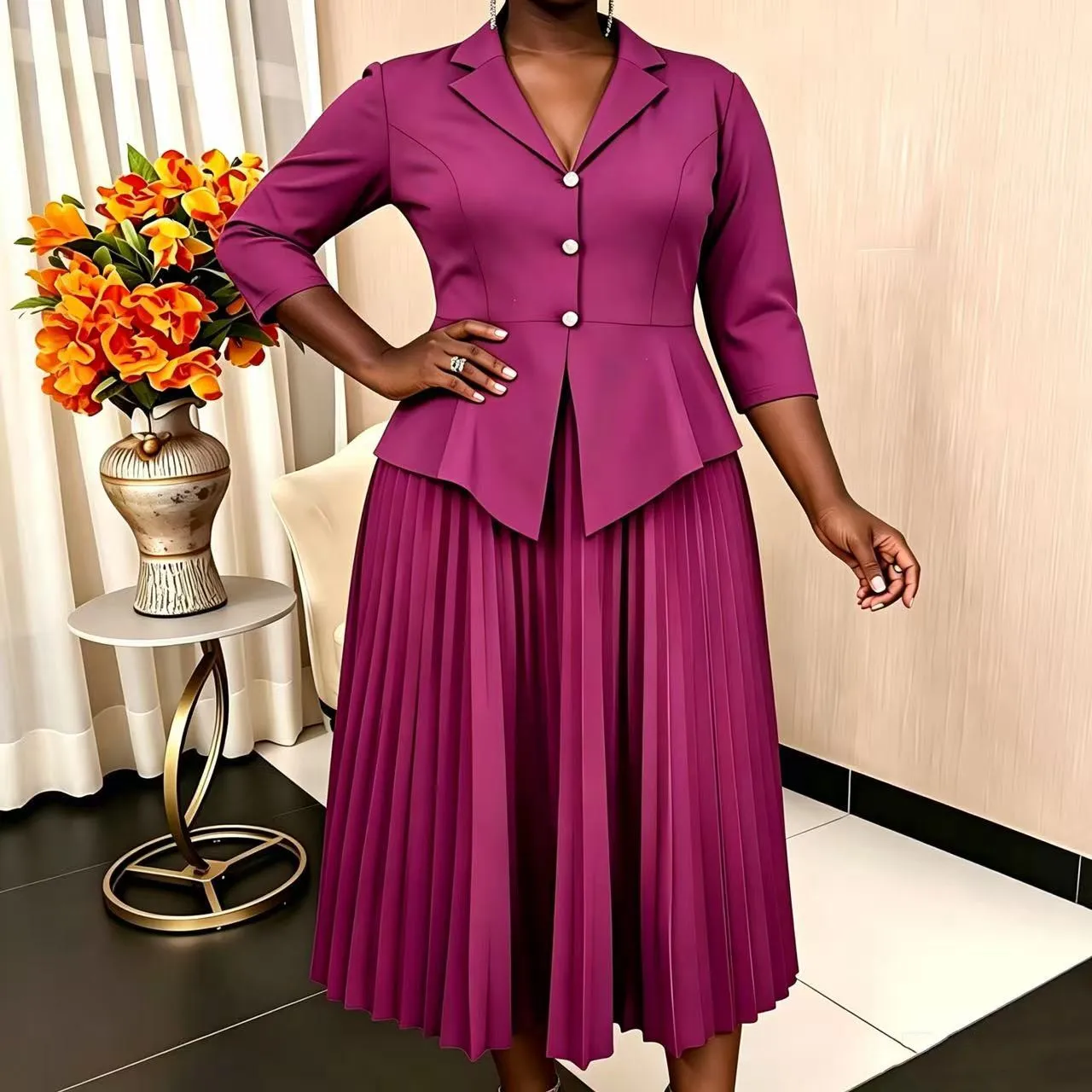 Robe Trapèze Élégante Col V Plissée | Taille Haute | Bureau & Quotidien | Violet