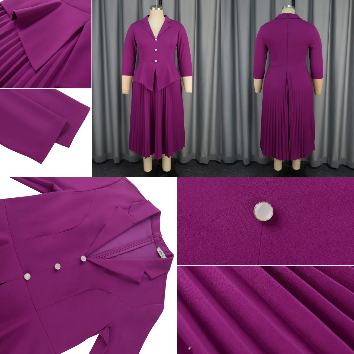 Robe Trapèze Élégante Col V Plissée | Taille Haute | Bureau & Quotidien | Violet