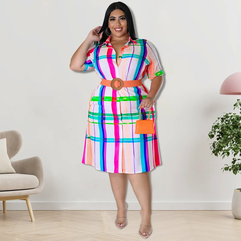 Robe chemise à carreaux femme grande taille - Manches courtes, ceinture, style bureau décontracté