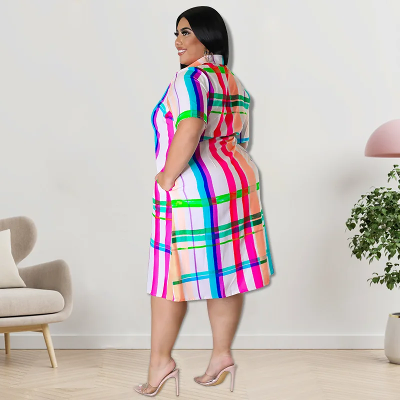 Robe chemise à carreaux femme grande taille - Manches courtes, ceinture, style bureau décontracté