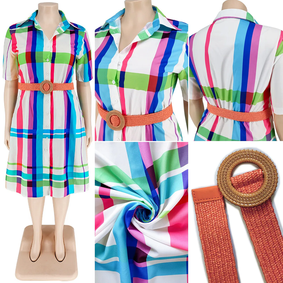 Robe chemise à carreaux femme grande taille - Manches courtes, ceinture, style bureau décontracté