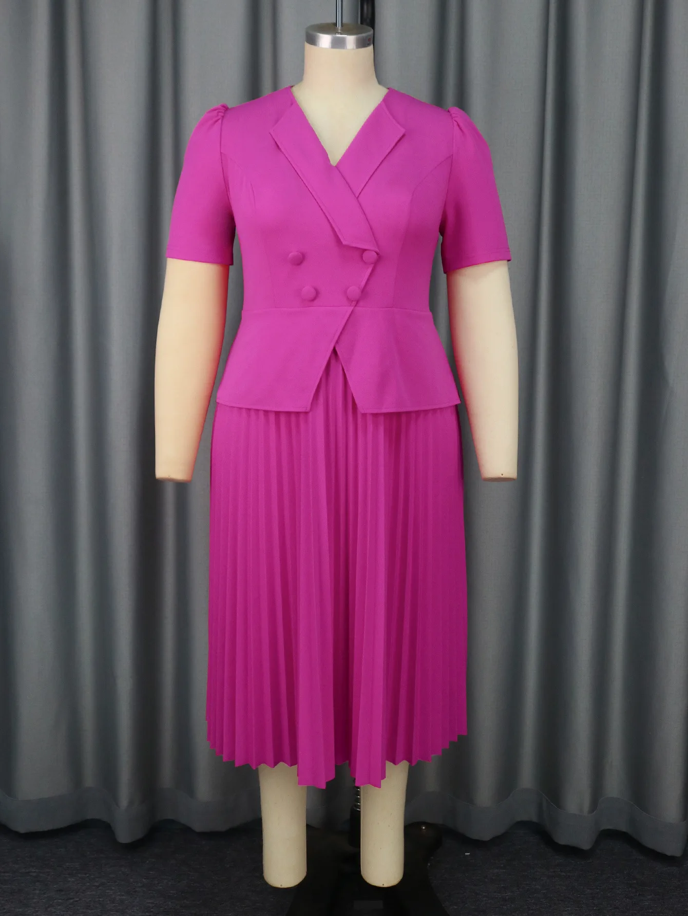 Robe Midi Femme Élégante Col V | Manches Courtes Plissées | Bureau & Soirée