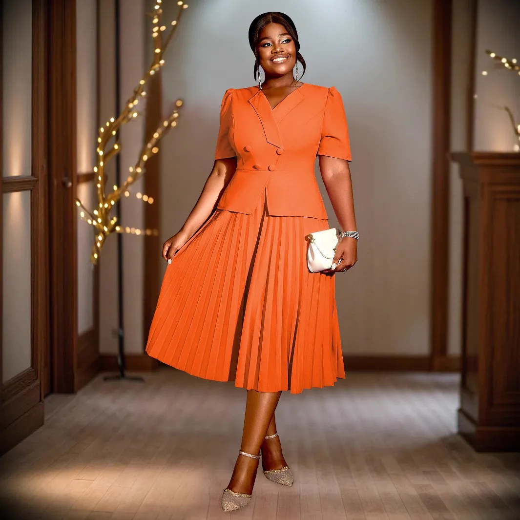 Robe Midi Femme Élégante Col V | Manches Courtes Plissées | Bureau & Soirée