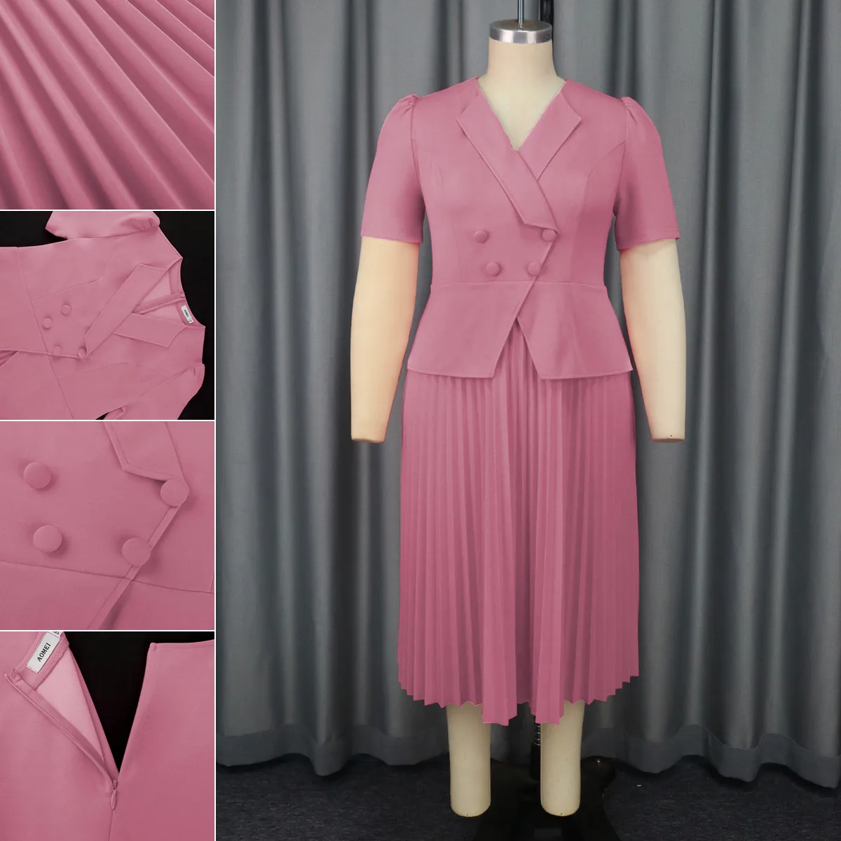 Robe Midi Femme Élégante Col V | Manches Courtes Plissées | Bureau & Soirée