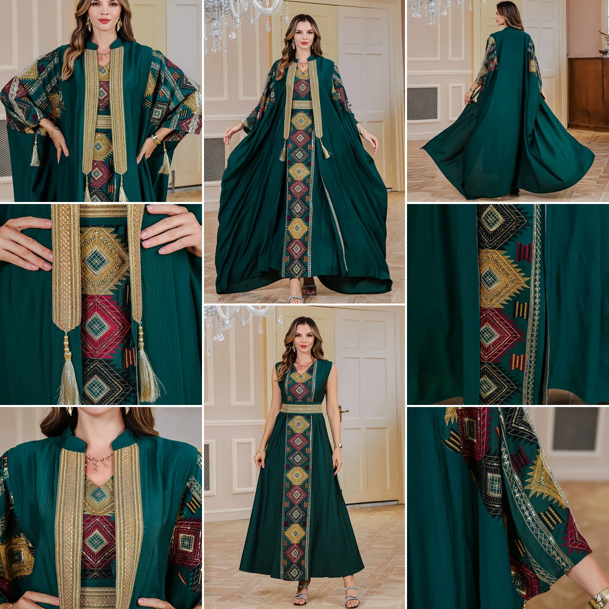 Ensemble Abaya Kaftan Brodé 2 Pièces SMT093 – Robe Islamique Luxe Femme