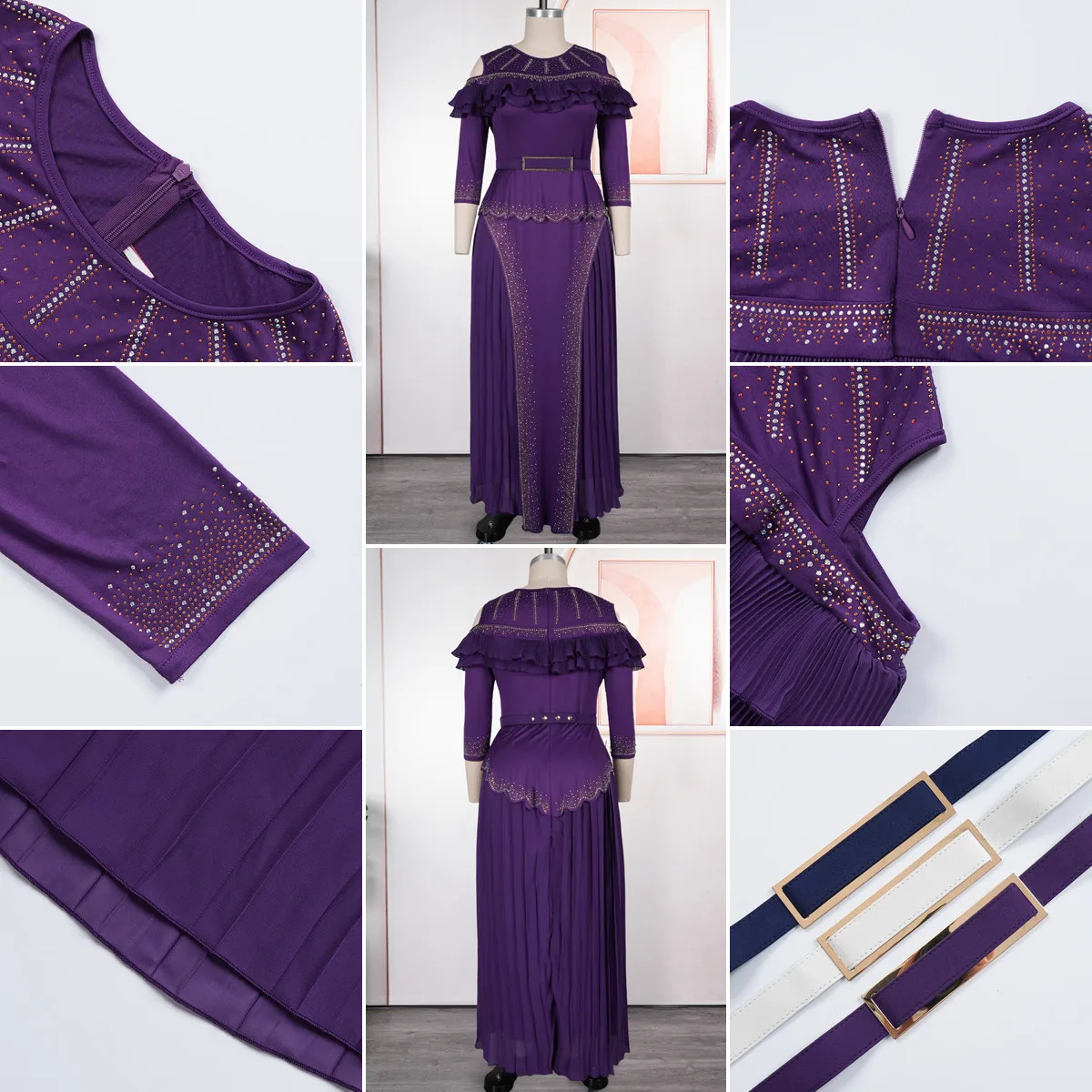 Robe Élégante Femme S11070 – Col Rond, Manches 3/4, Strass & Volants Plissés, Coupe A-Line Maxi