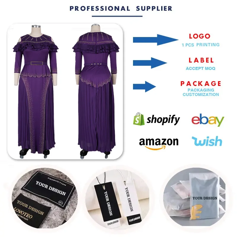 Robe Élégante Femme S11070 – Col Rond, Manches 3/4, Strass & Volants Plissés, Coupe A-Line Maxi