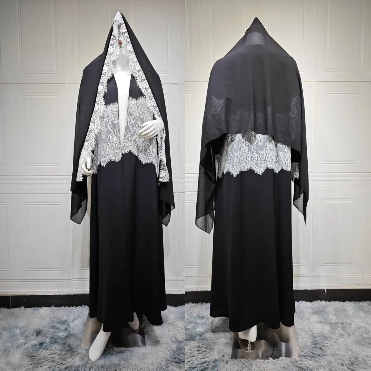 Abaya Ouverte MQ274 Longue Noire | Dentelle & Patchwork | Vêtement Islamique avec Voile