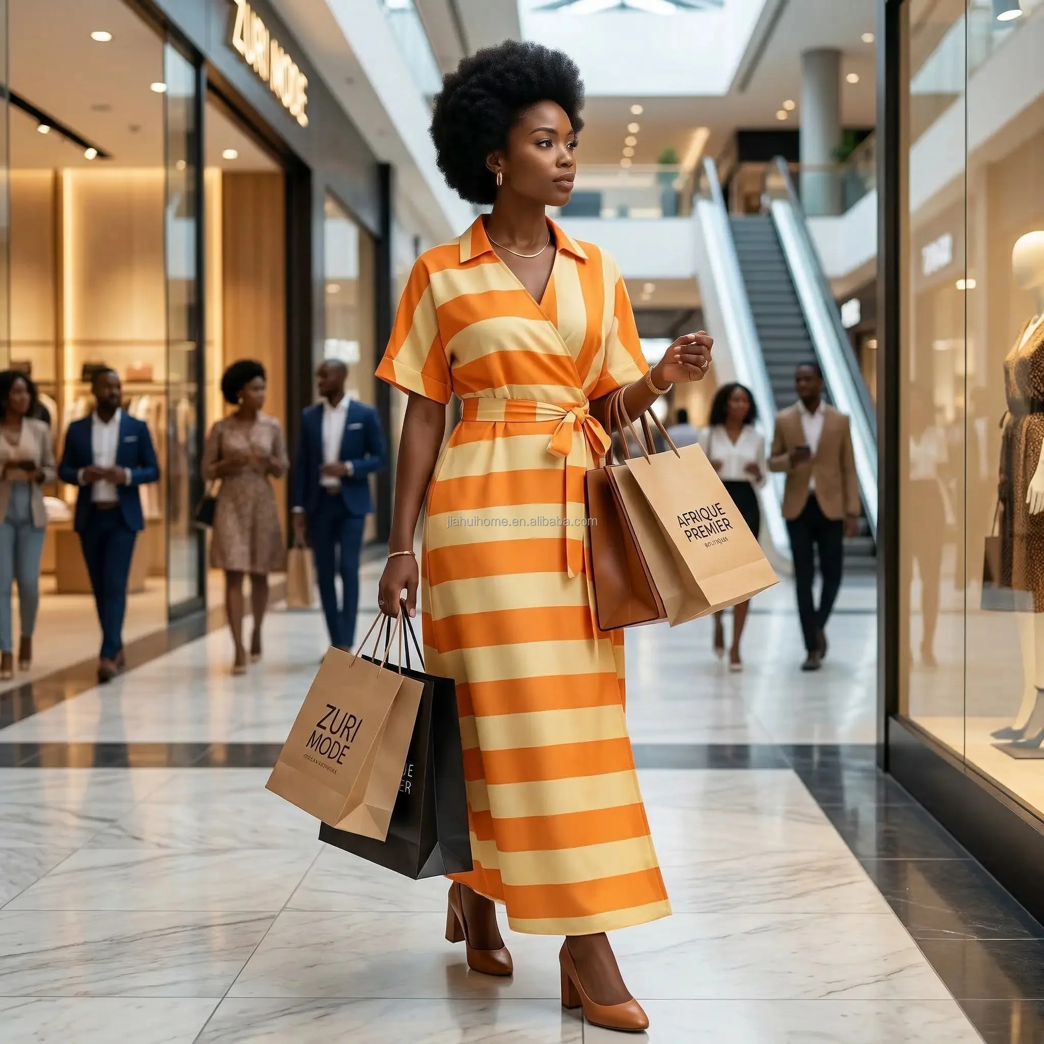 Robe Longue Africaine Élégante pour Femme – Coupe Ample, Imprimé Rayé, Nœud Décoratif
