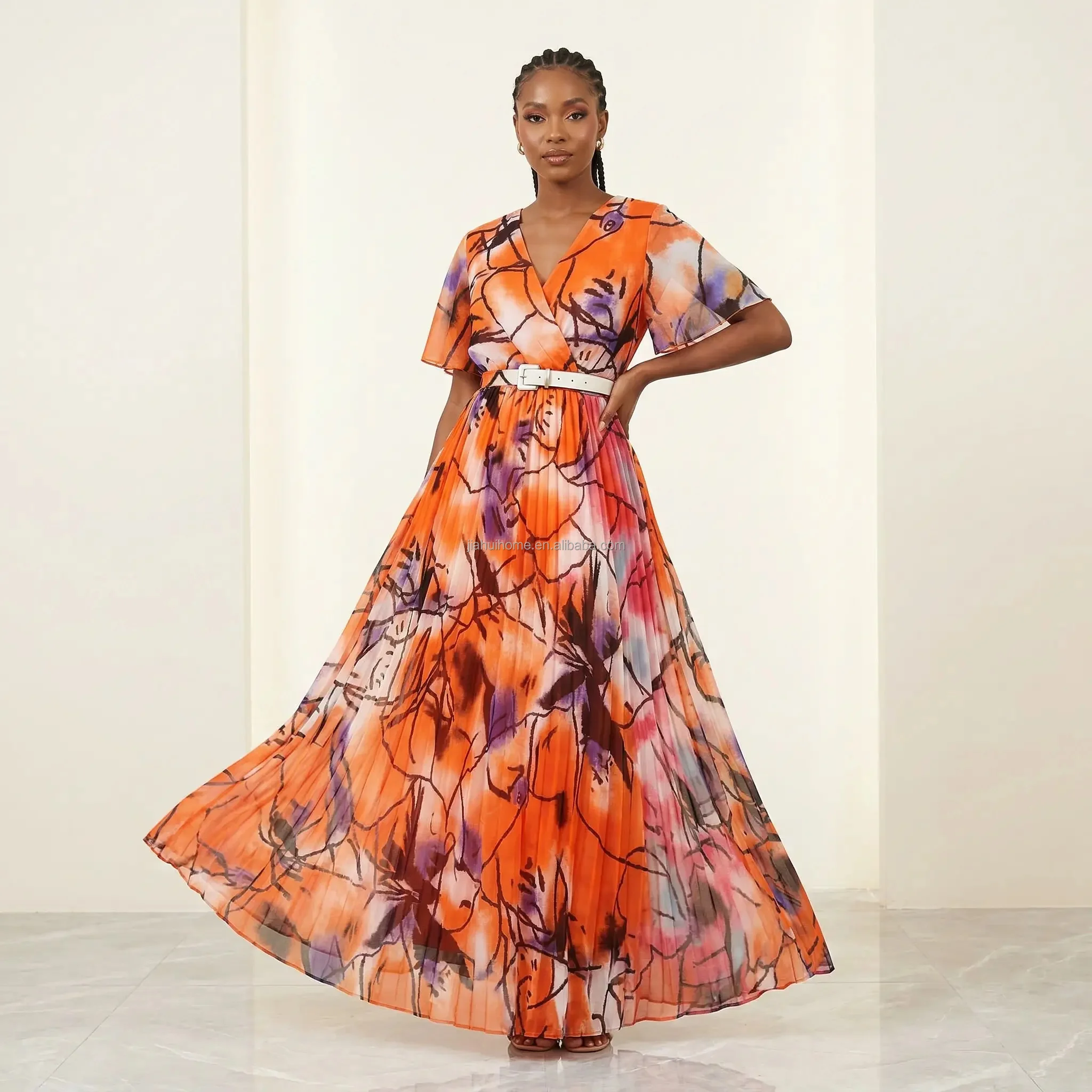 Robe longue africaine femme col V manches évasées imprimée élégante avec ceinture