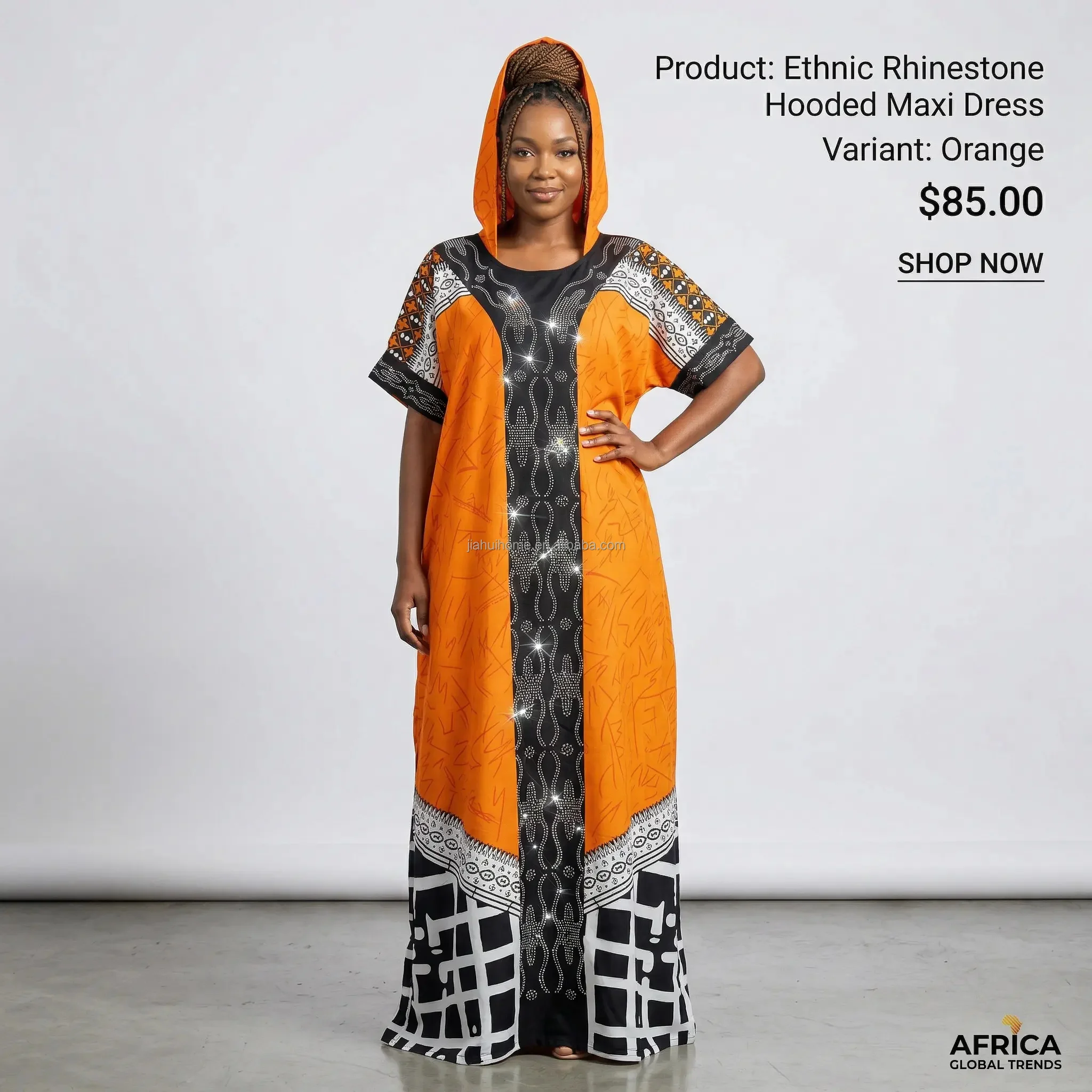 Robe Longue Africaine en Coton Imprimée | Manches Courtes | Effet Strass | Élégante