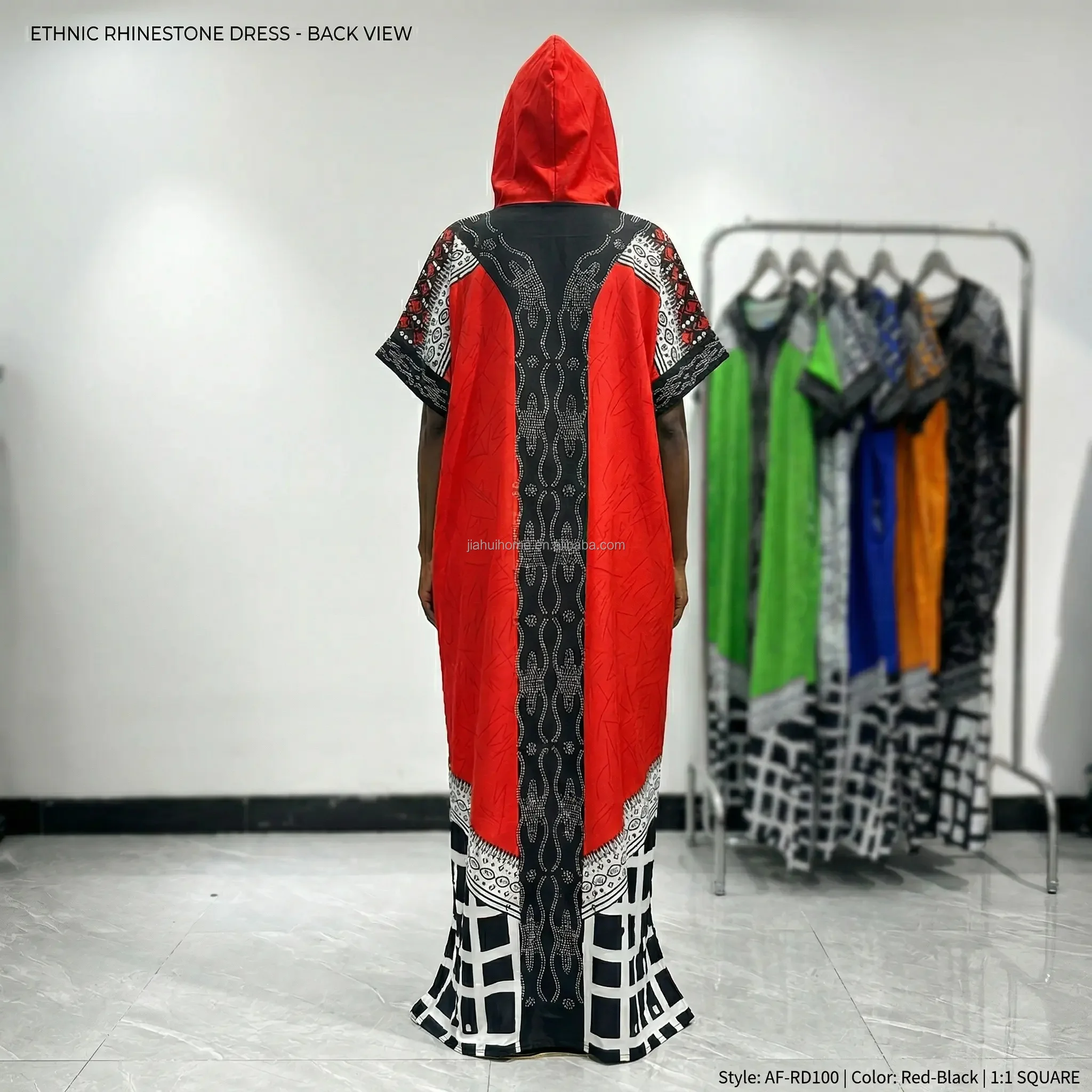 Robe Longue Africaine en Coton Imprimée | Manches Courtes | Effet Strass | Élégante