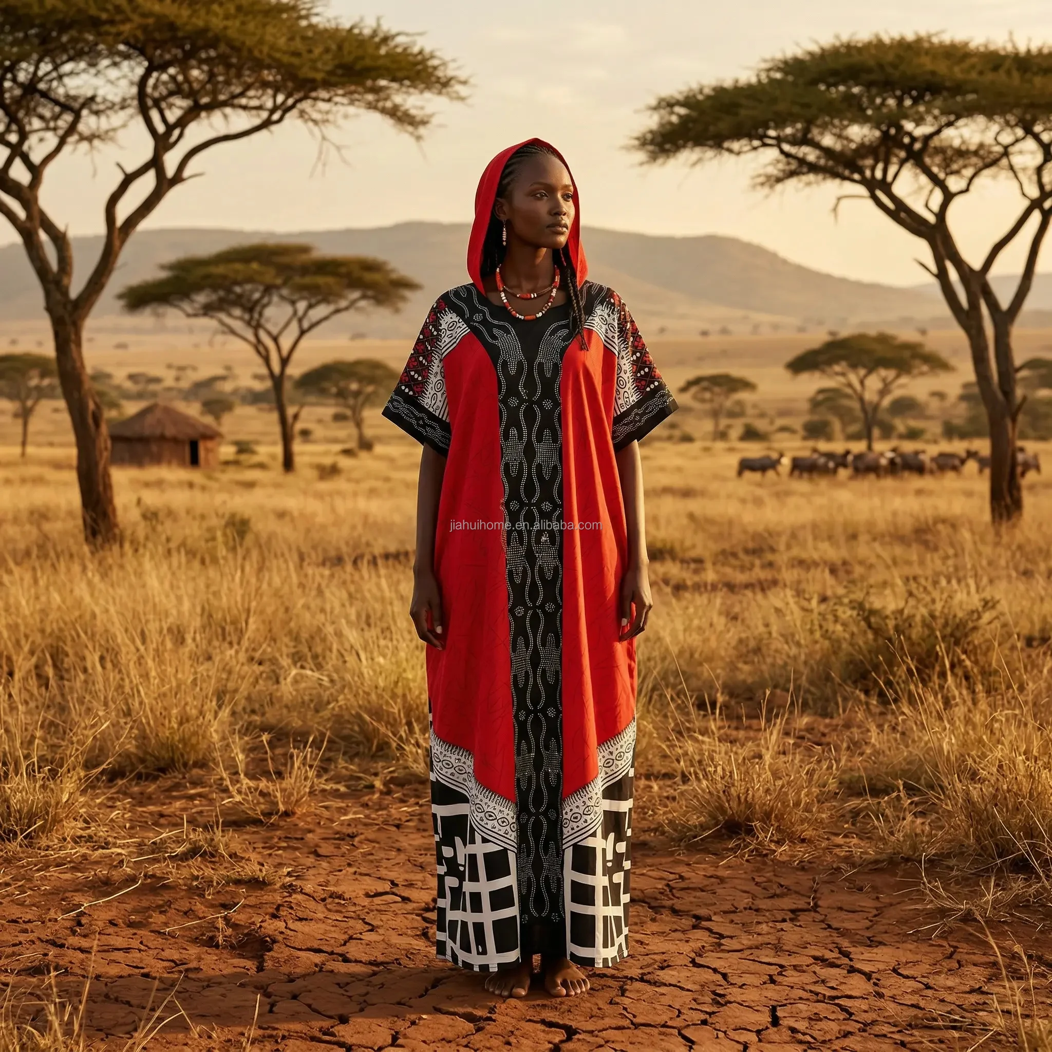 Robe Longue Africaine en Coton Imprimée | Manches Courtes | Effet Strass | Élégante