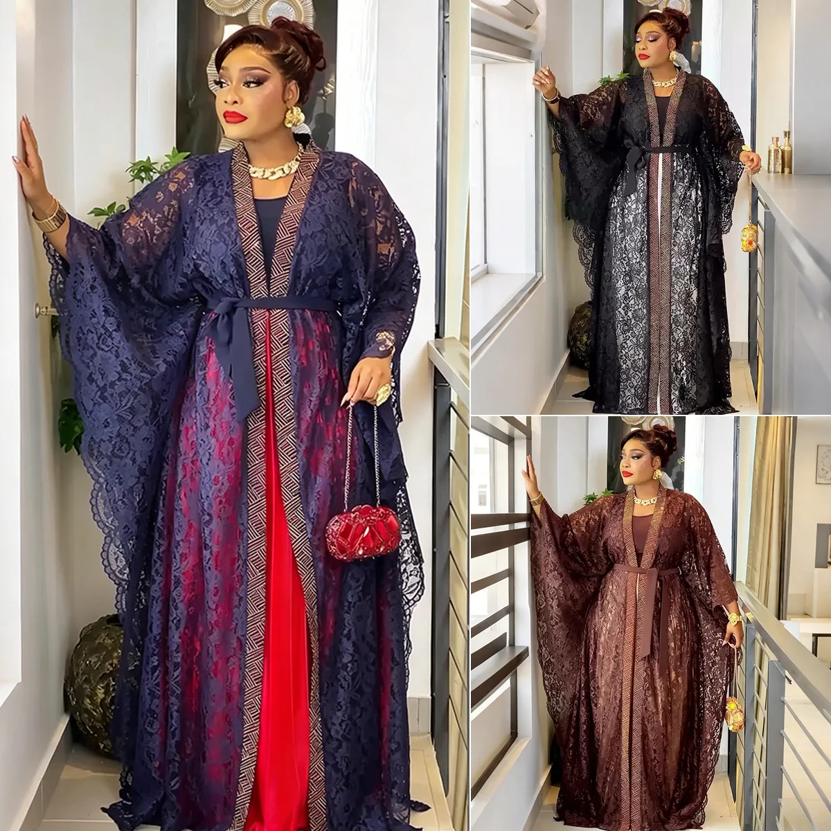 Ensemble Robe Africaine Grande Taille Boubou Dashiki Brodé Strass & Dentelle Manches Longues