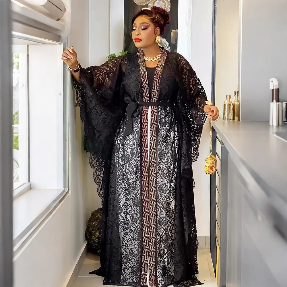 Ensemble Robe Africaine Grande Taille Boubou Dashiki Brodé Strass & Dentelle Manches Longues