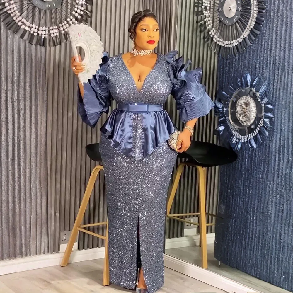 Robe de Soirée Luxe Sequins 2 Pièces Col V Manches Froufrous avec Ceinture