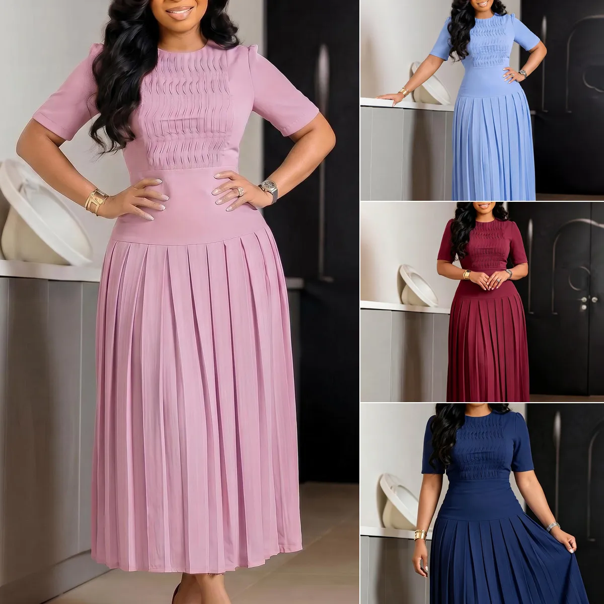 Robe Maxi Élégante Col Rond Manches Courtes Plissée – Bureau & Casual