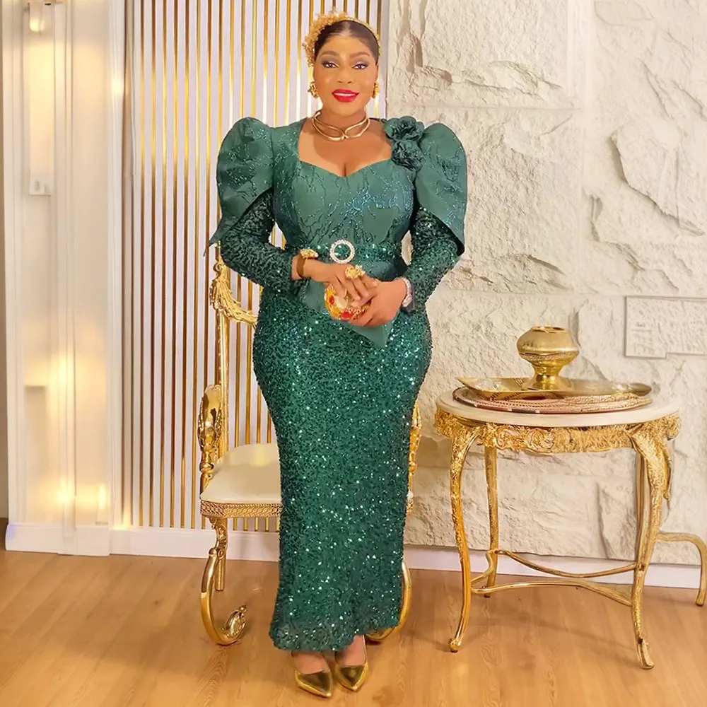 Robe Sirène Luxe S10822 – Col V, Sequins & Ceinture | Soirée & Église