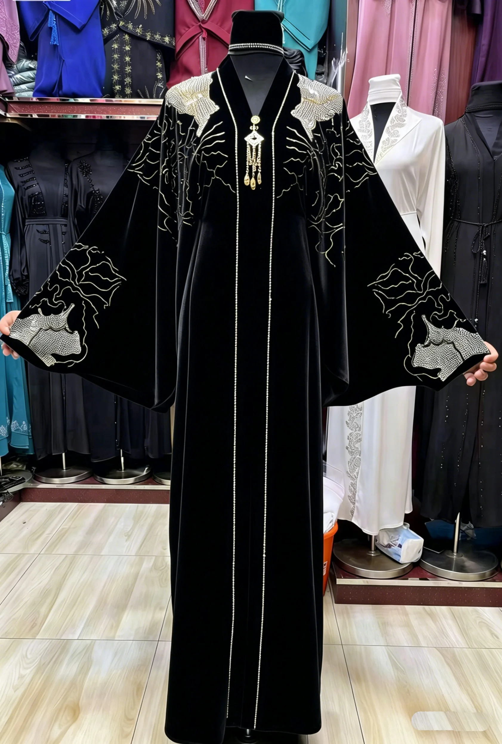 Abaya 2 pièces col V strass Dubai - Robe longue élégante extensible grande taille