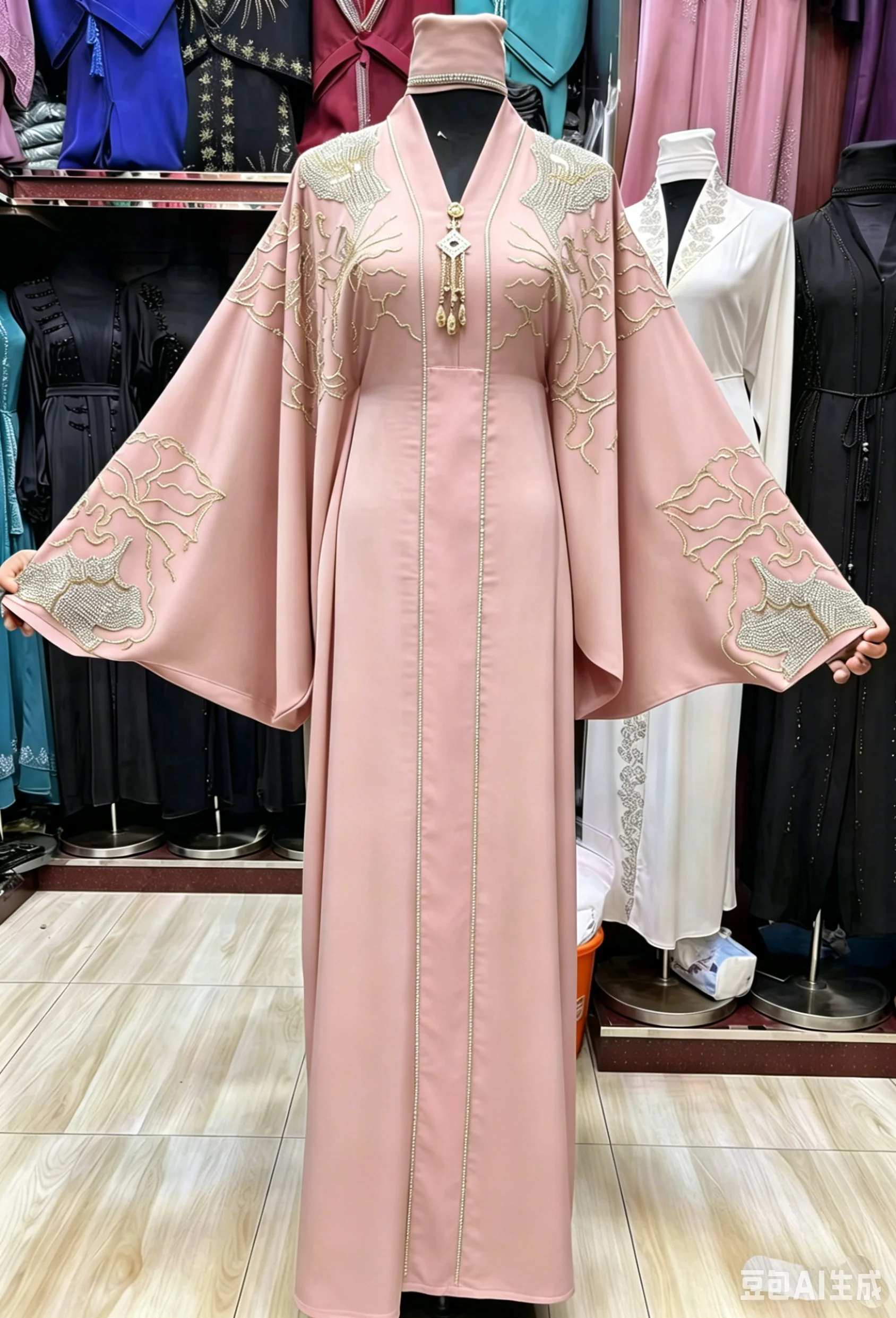 Abaya 2 pièces col V strass Dubai - Robe longue élégante extensible grande taille