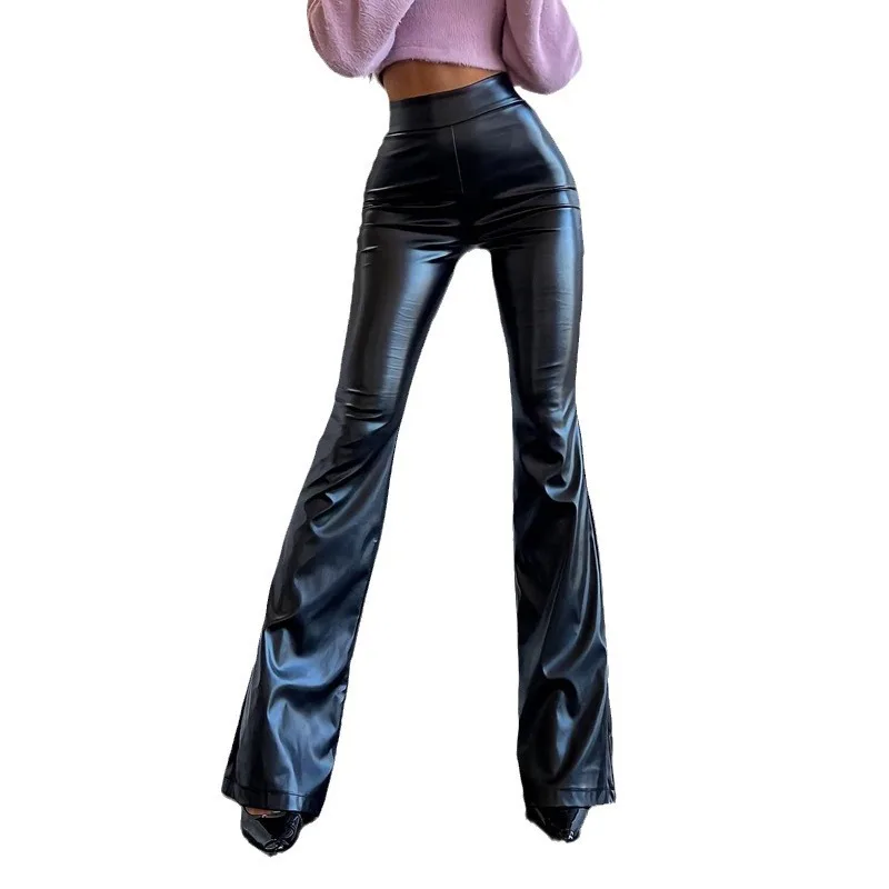 Pantalon Femme Taille Haute PU Cuir Brillant Évasé Streetwear | Noir Rouge Marron