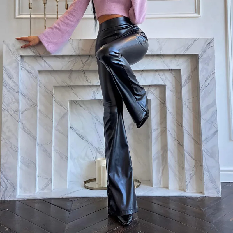 Pantalon Femme Taille Haute PU Cuir Brillant Évasé Streetwear | Noir Rouge Marron