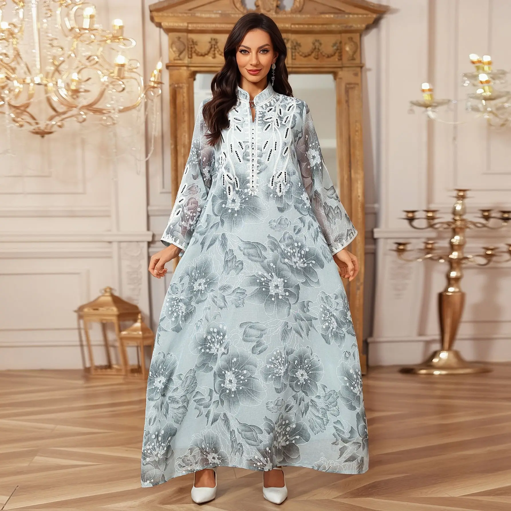 Abaya Kaftan Brodée Luxe – Robe Longue Ethnique Florale pour Femme