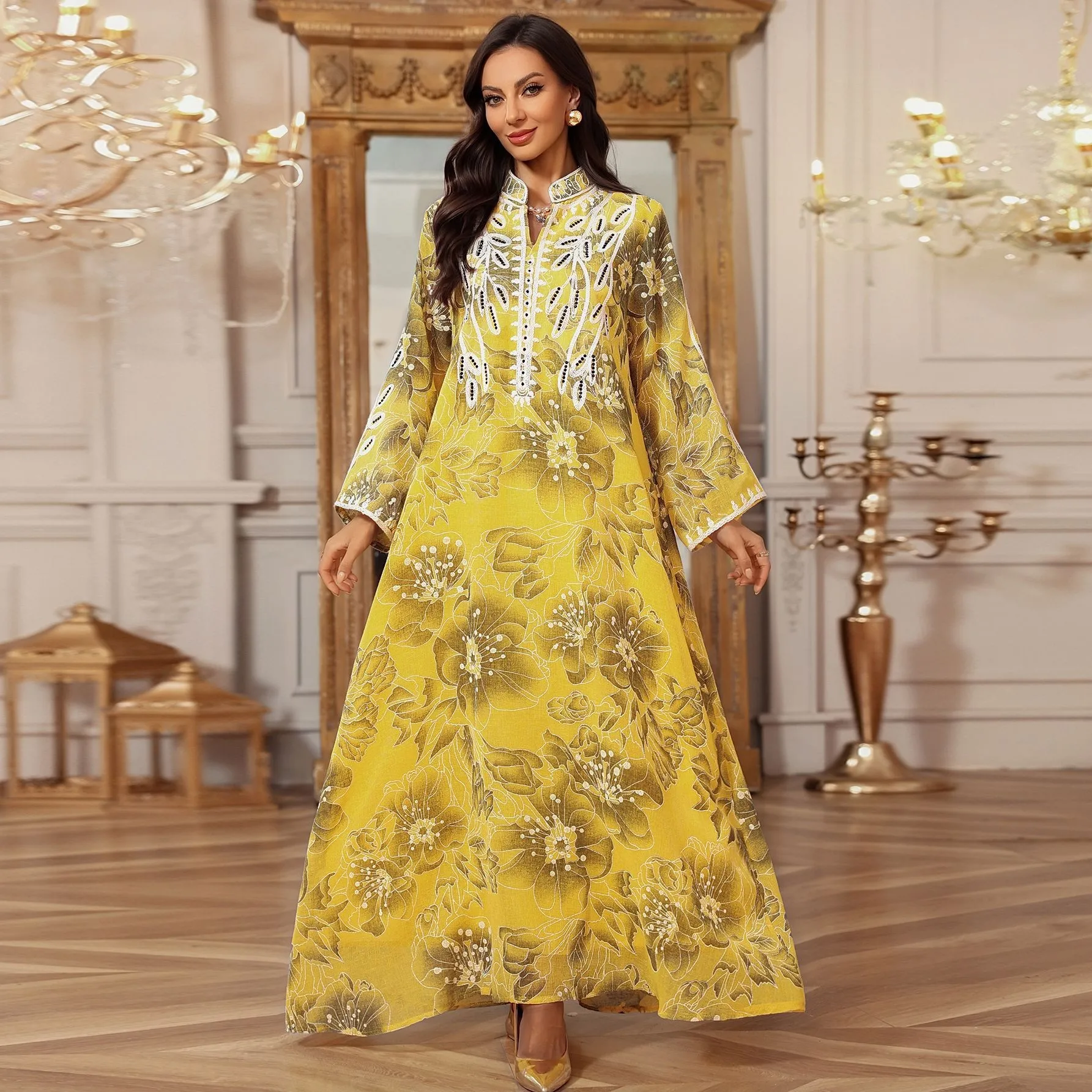 Abaya Kaftan Brodée Luxe – Robe Longue Ethnique Florale pour Femme