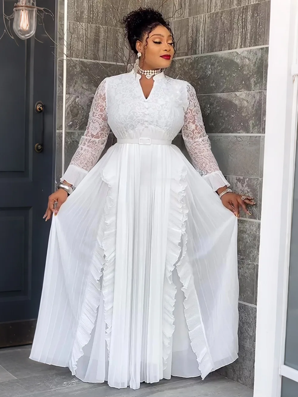 Robe Longue Africaine Grande Taille Dentelle & Strass – Col V Élégant Soirée & Mariage