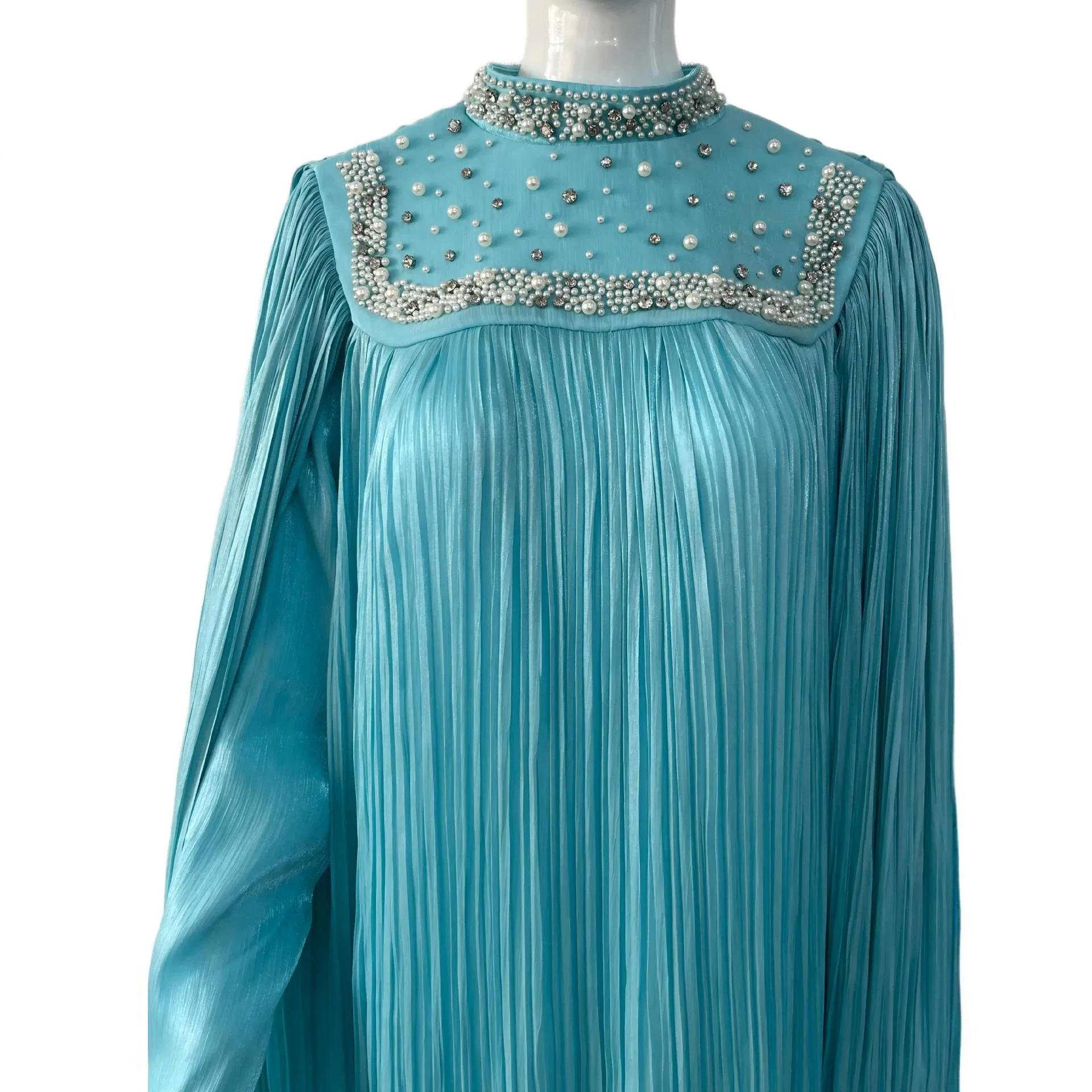 Robe Maxi Organza Perlée Col Montant | Longue Élégante Été Cape Diamants