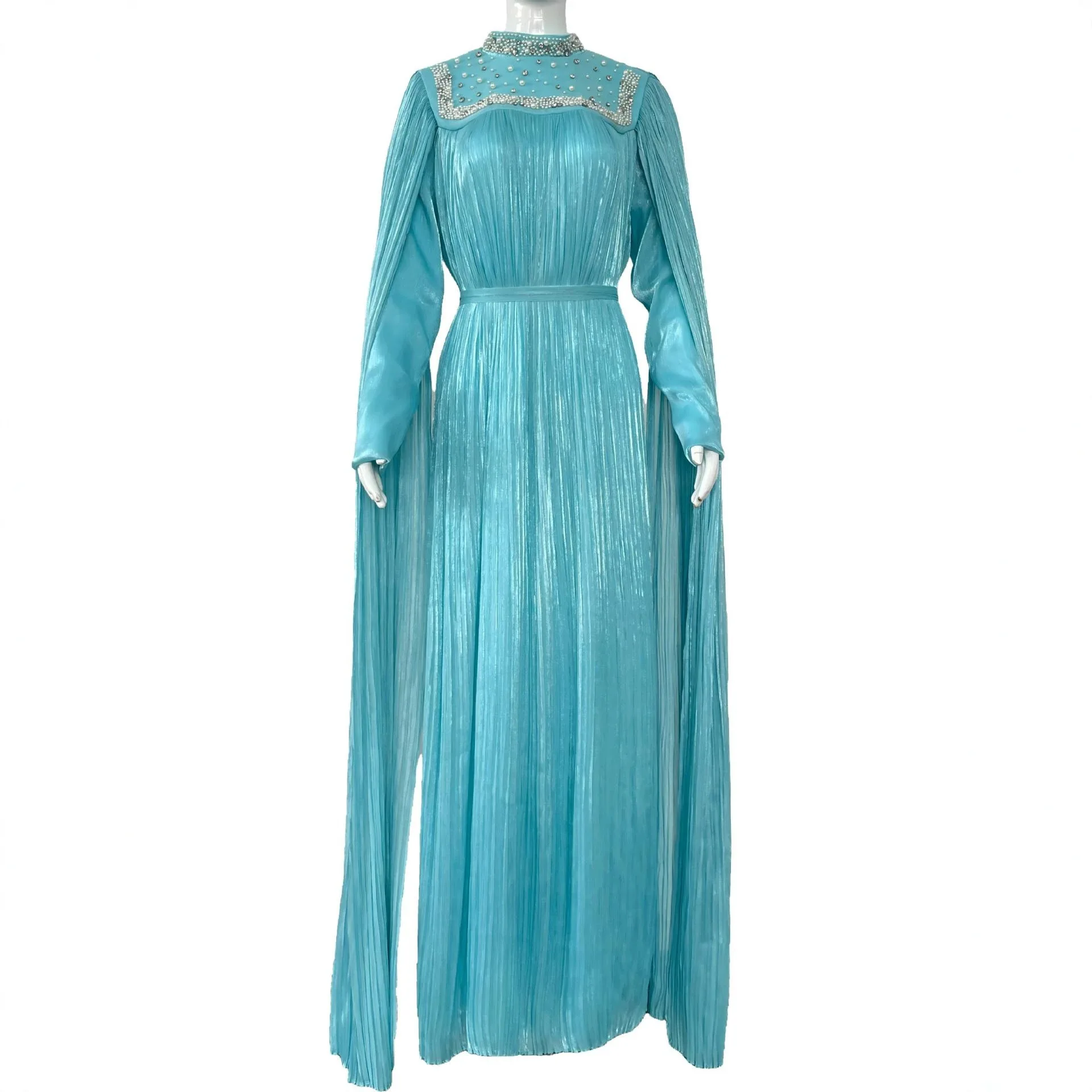 Robe Maxi Organza Perlée Col Montant | Longue Élégante Été Cape Diamants