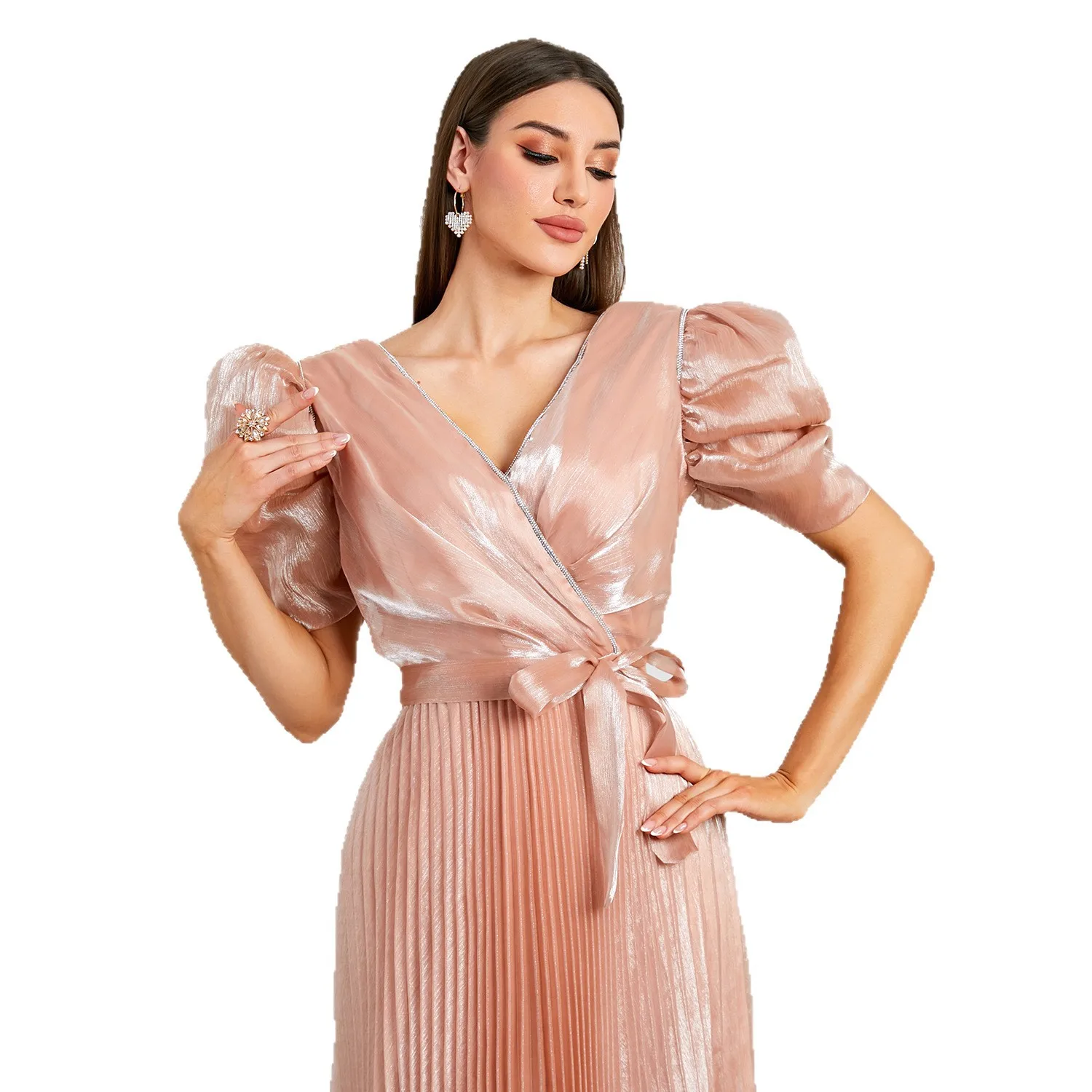 Robe Maxi Élégante Col V Manches Bouffantes Plissée Ceinturée Taille Haute – Style Vintage Chic