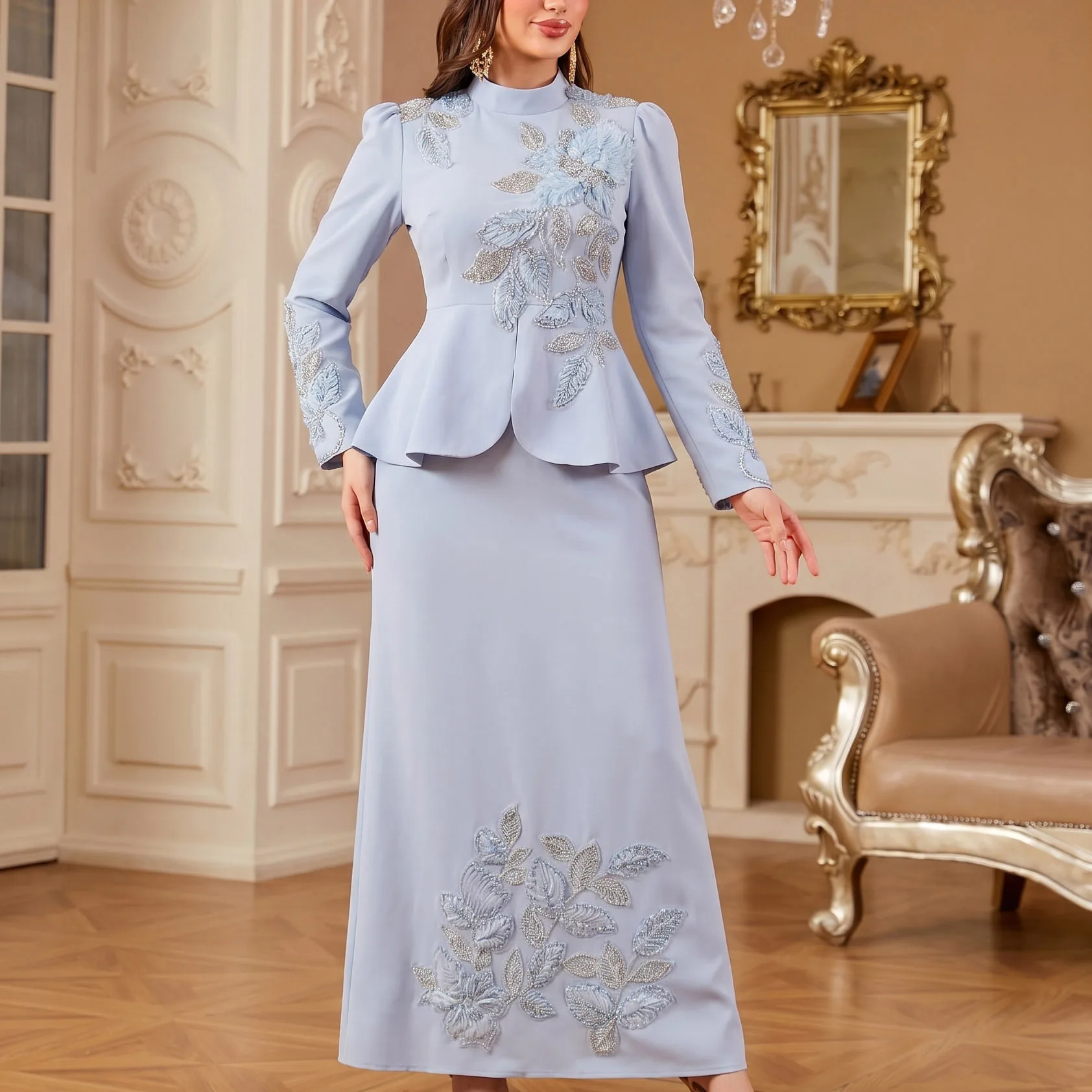 Ensemble Abaya 2 Pièces Satin Broderie Florale Perlée – Tenue Musulmane Élégante