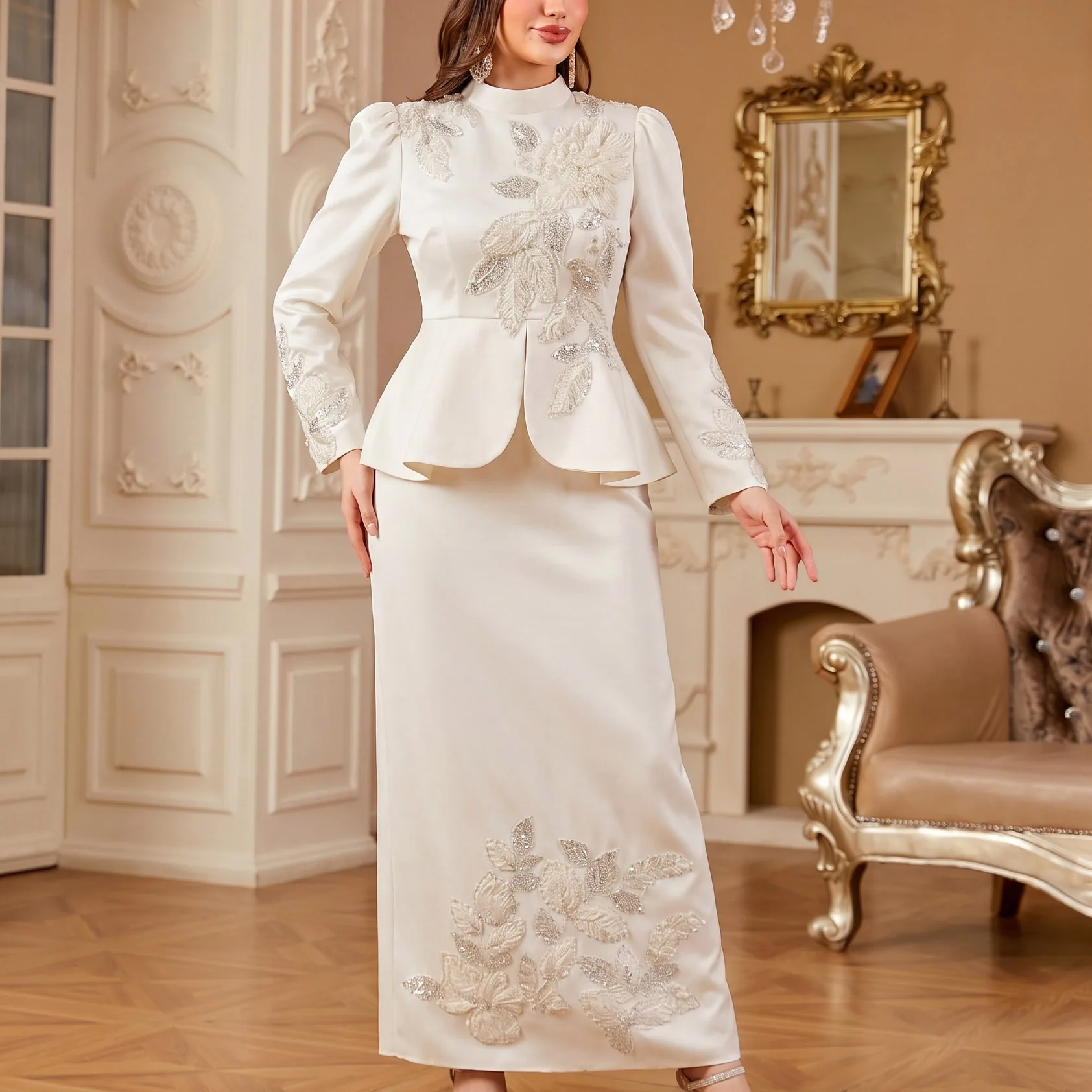 Ensemble Abaya 2 Pièces Satin Broderie Florale Perlée – Tenue Musulmane Élégante