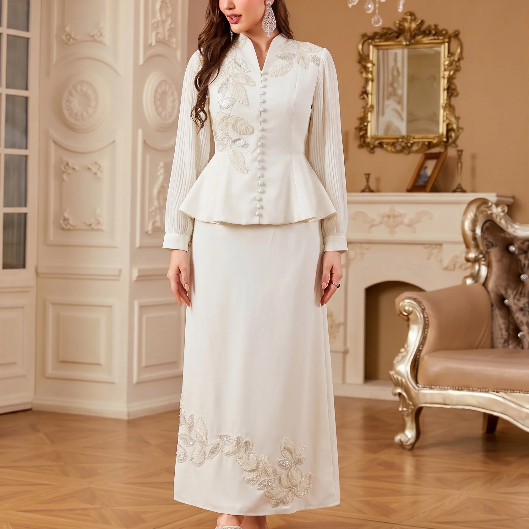 Ensemble Haut & Jupe Brodé Perlé Manches Plissées – Tenue Élégante Femme