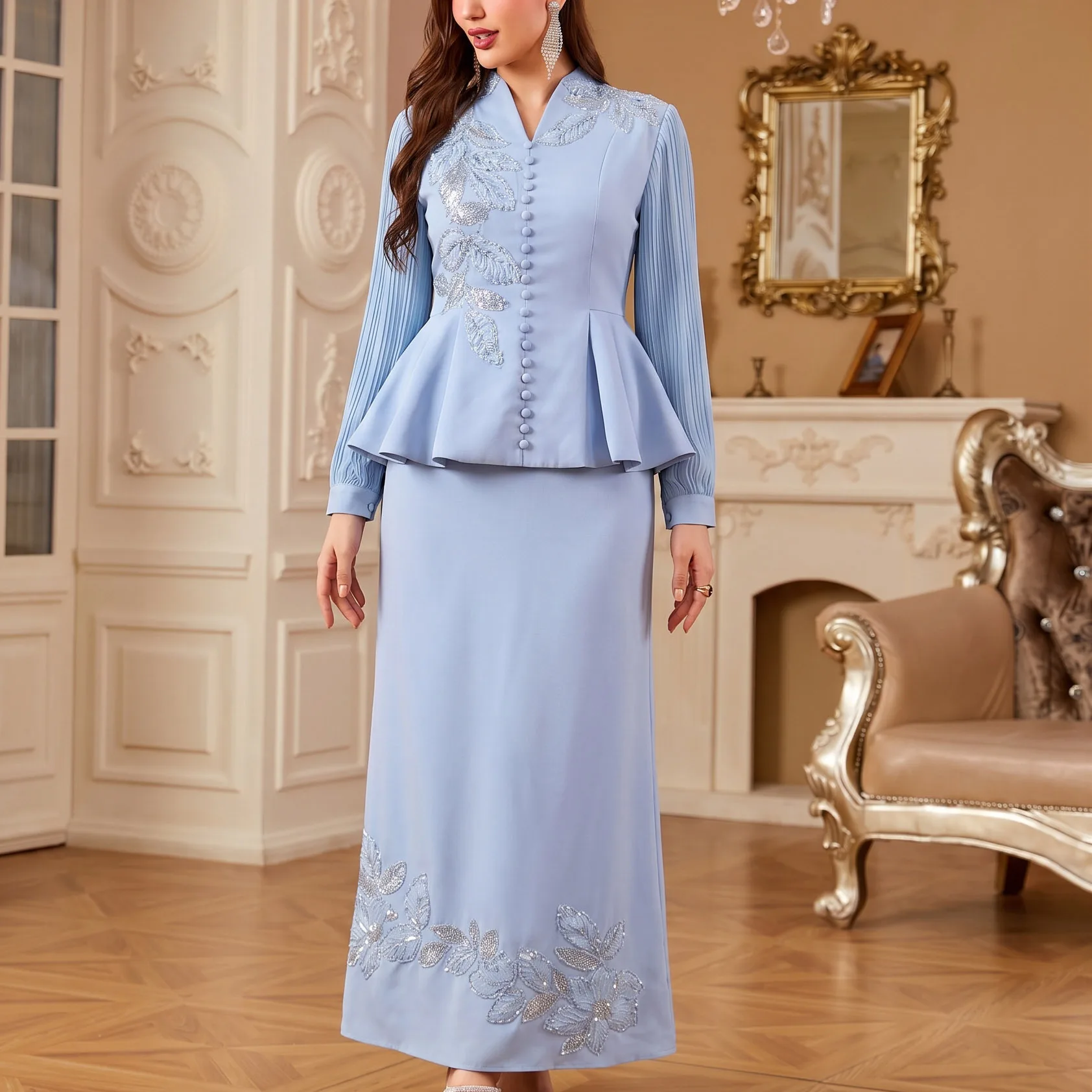 Ensemble Haut & Jupe Brodé Perlé Manches Plissées – Tenue Élégante Femme