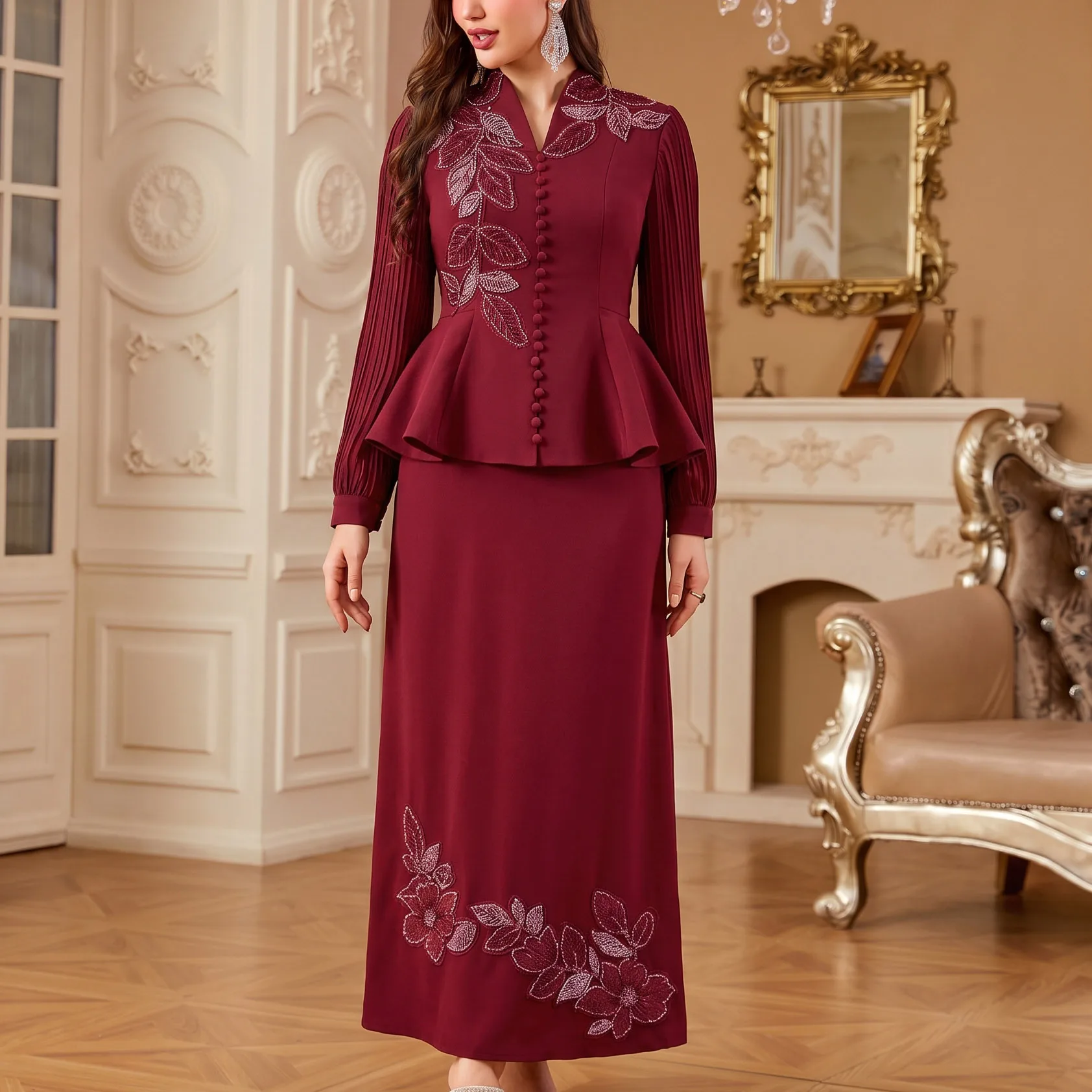 Ensemble Haut & Jupe Brodé Perlé Manches Plissées – Tenue Élégante Femme