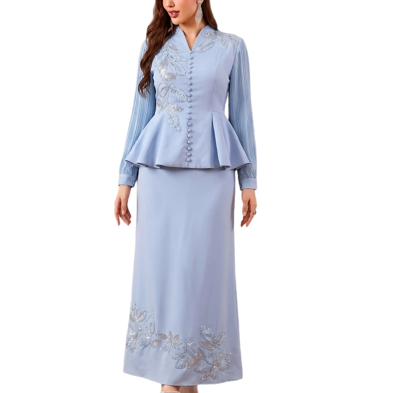 Ensemble Haut & Jupe Brodé Perlé Manches Plissées – Tenue Élégante Femme