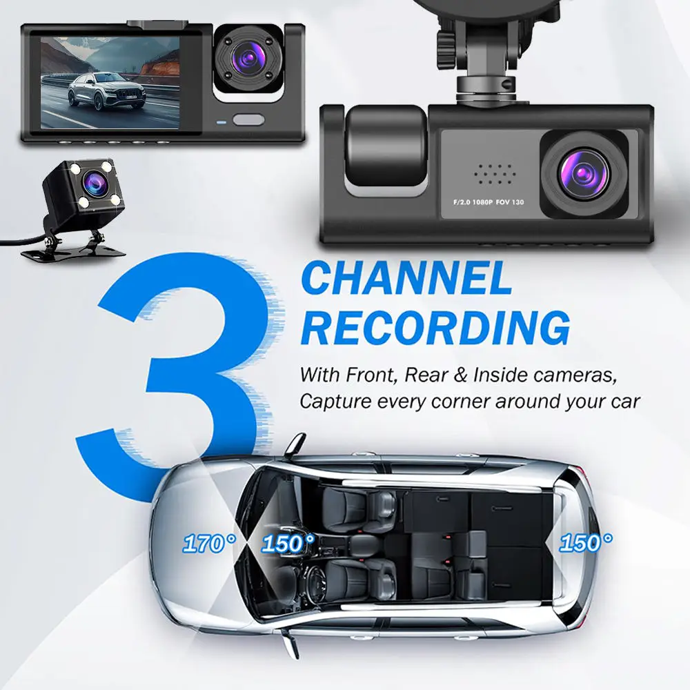 Dashcam Triple Objectif 1080P Full HD – Vision Nocturne & WiFi Intégré