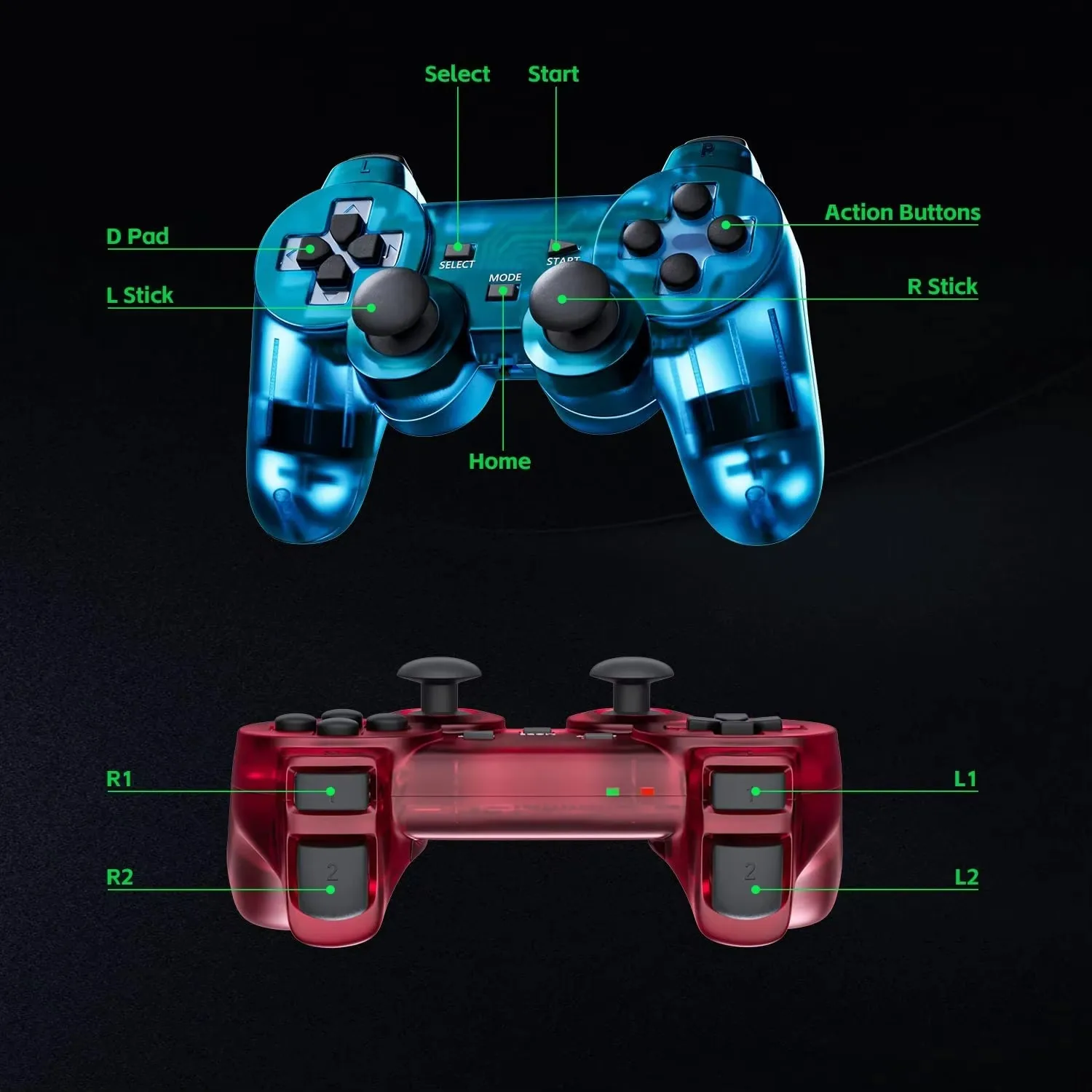 Manette Gaming Sans Fil P2 PS2 – Double Vibration, Turbo, Design Transparent